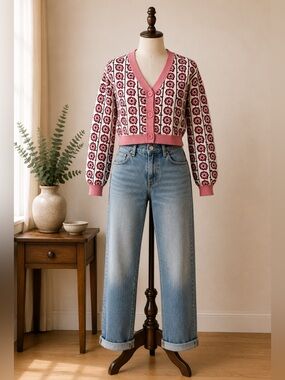 Twik Simons Vision Pink Jacquard Cropped Cardigan Coquette Knit Sweater Size M